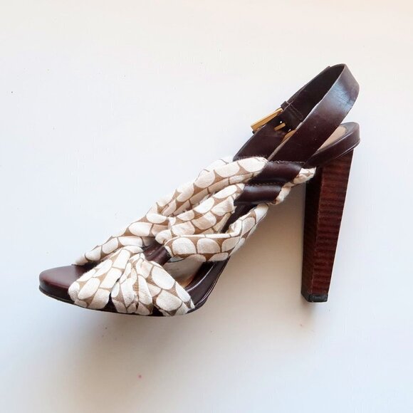 LAMB Brown Leather & Cream Canvas Sling-back Open Toe Sandals / Heels / Shoes 7. - Picture 3 of 14